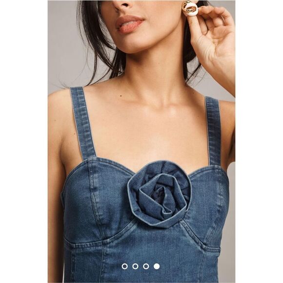 NWT Anthropologie Porridge Rosette Denim Medium Blue Slim Mini Dress Size XL - Picture 2 of 16
